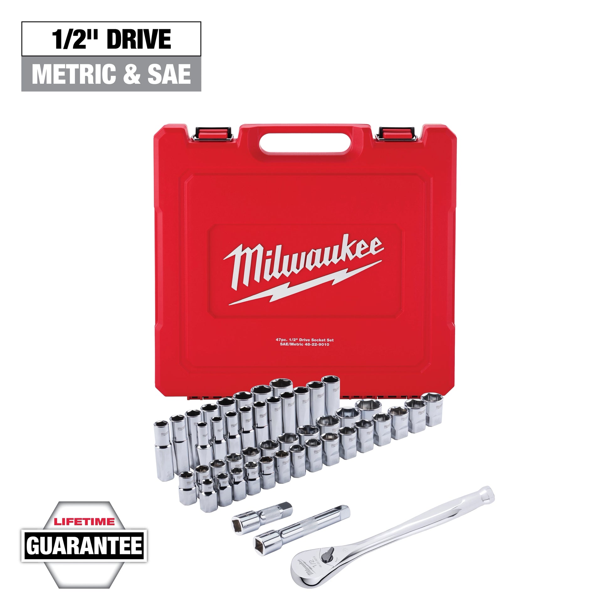 Milwaukee 47 pc 1/2" Drive Metric & SAE Ratchet and Socket Set with FOUR FLAT™ Sides — 48-22-9010
