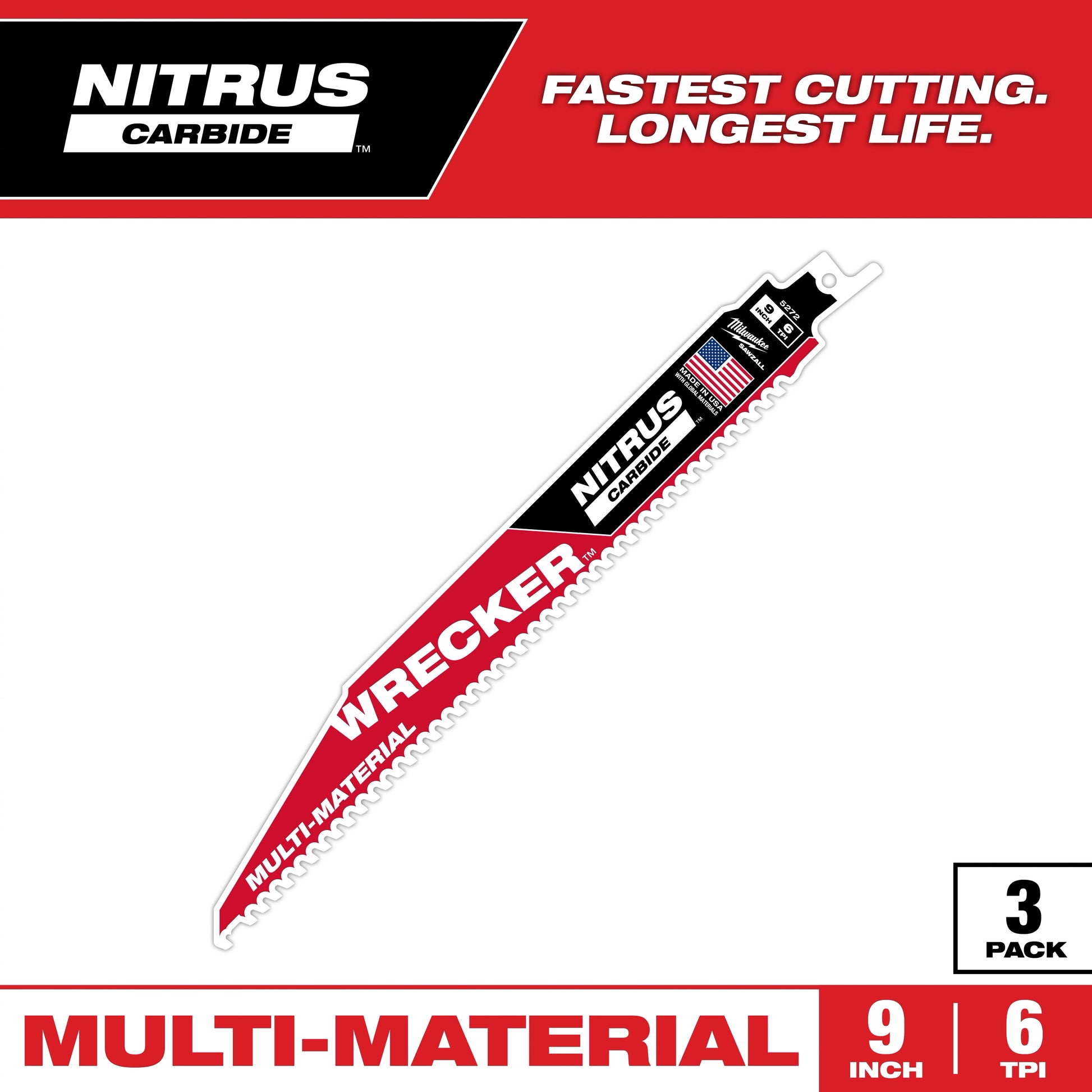 Milwaukee 9" WRECKER™ with NITRUS™ Carbide SAWZALL® Blade for Multi-Material (3 PK) — 48-00-5372