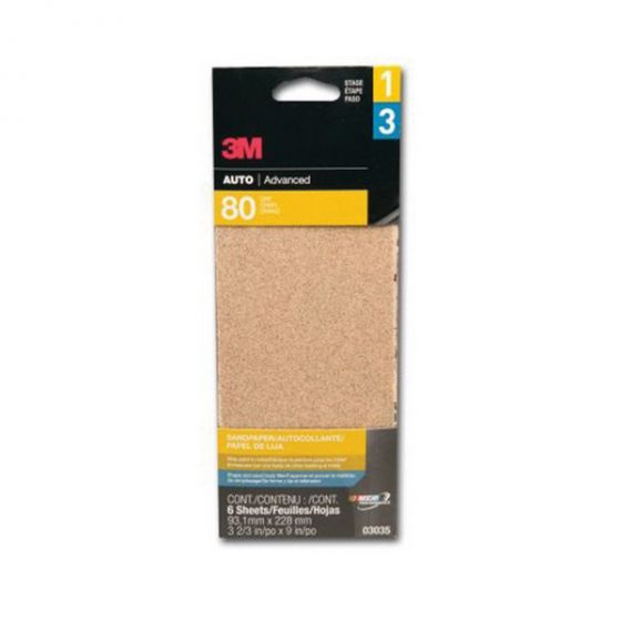 3M&trade; 03035 Sandpaper, 3-2/3 in W x 9 in L, 80 Grit, Aluminum Oxide Abrasive, Brown, Dry