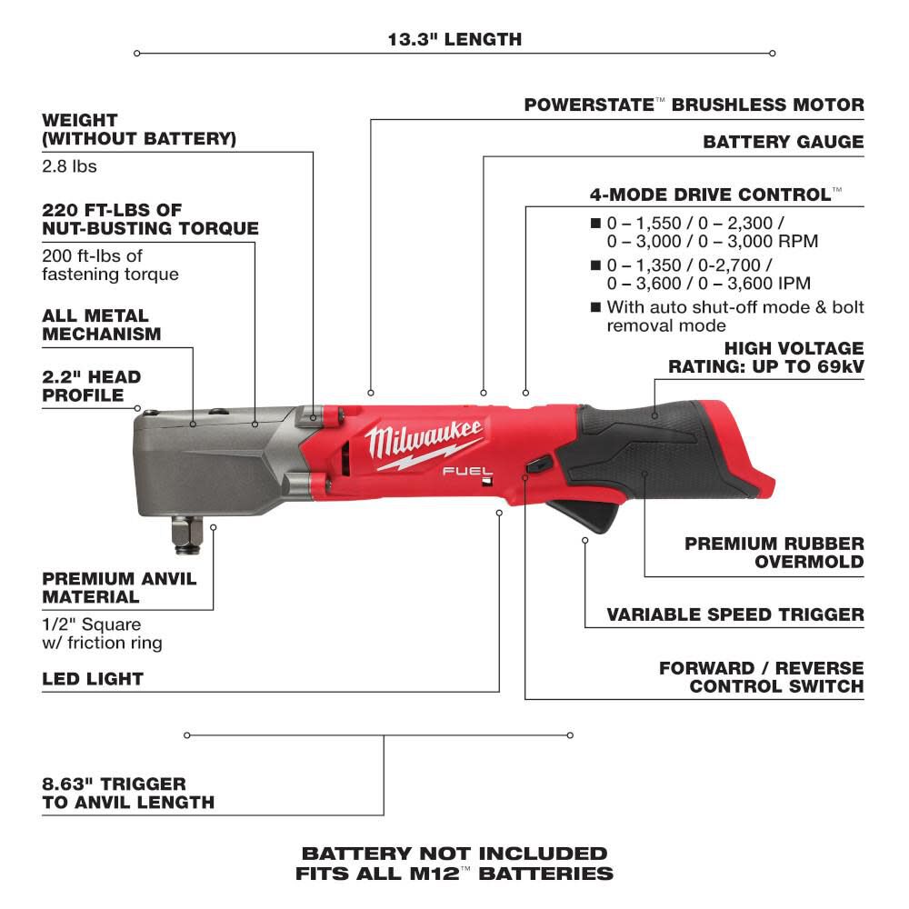 Milwaukee 2565-20 M12 FUEL 1/2" Right Angle Impact Wrench w/ Friction Ring (Bare Tool)