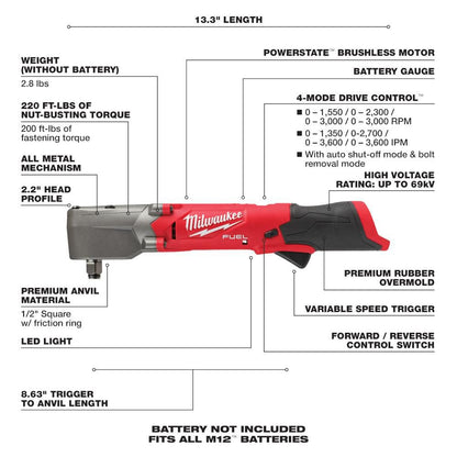 Milwaukee M12 FUEL™ 1/2" Right Angle Impact Wrench w/ Friction Ring (Bare Tool)