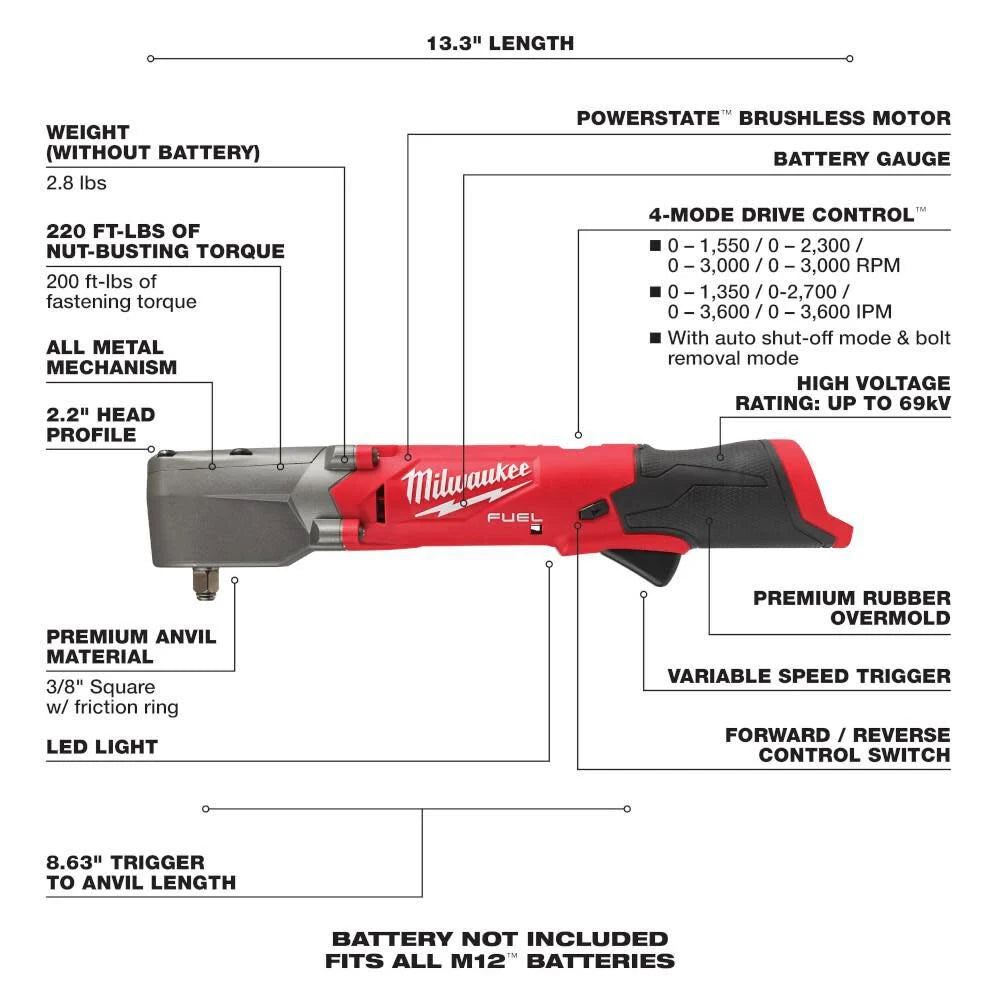 Milwaukee 2564-20 M12 FUEL 3/8" Right Angle Impact Wrench w/ Friction Ring (Bare Tool)