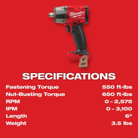 Milwaukee 2962-20 M18 FUEL 1/2" Mid-Torque Impact Wrench w/ Friction Ring (Bare Tool)