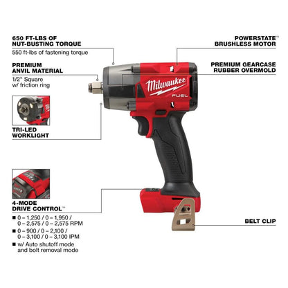 Milwaukee M18 FUEL™ 1/2" Mid-Torque Impact Wrench w/ Friction Ring