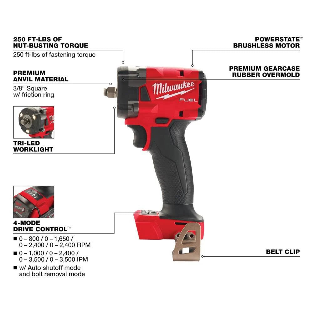 Milwaukee 2854-20 M18 FUEL 3/8" Compact Impact Wrench w/ Friction Ring (Bare Tool)